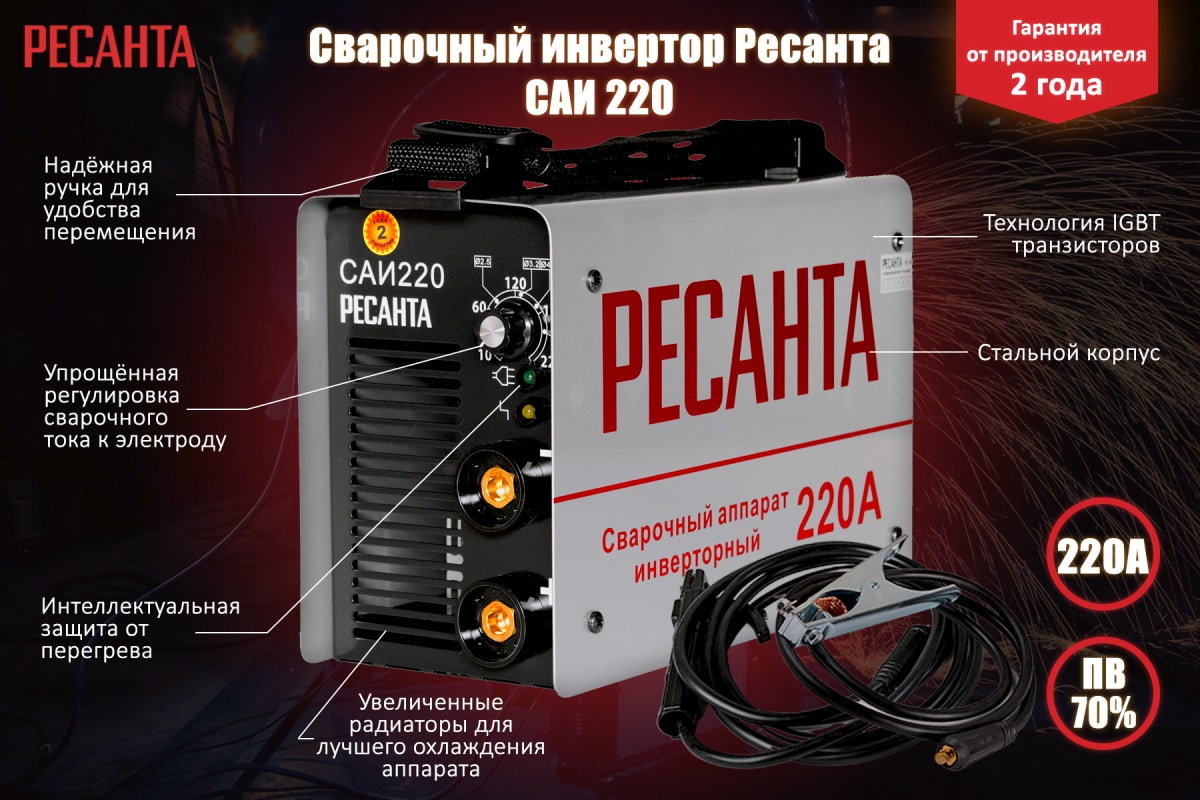 Инверторный сварочный аппарат Ресанта САИ 220 65/3 Инверторный сварочный аппарат Ресанта САИ 220 65/3